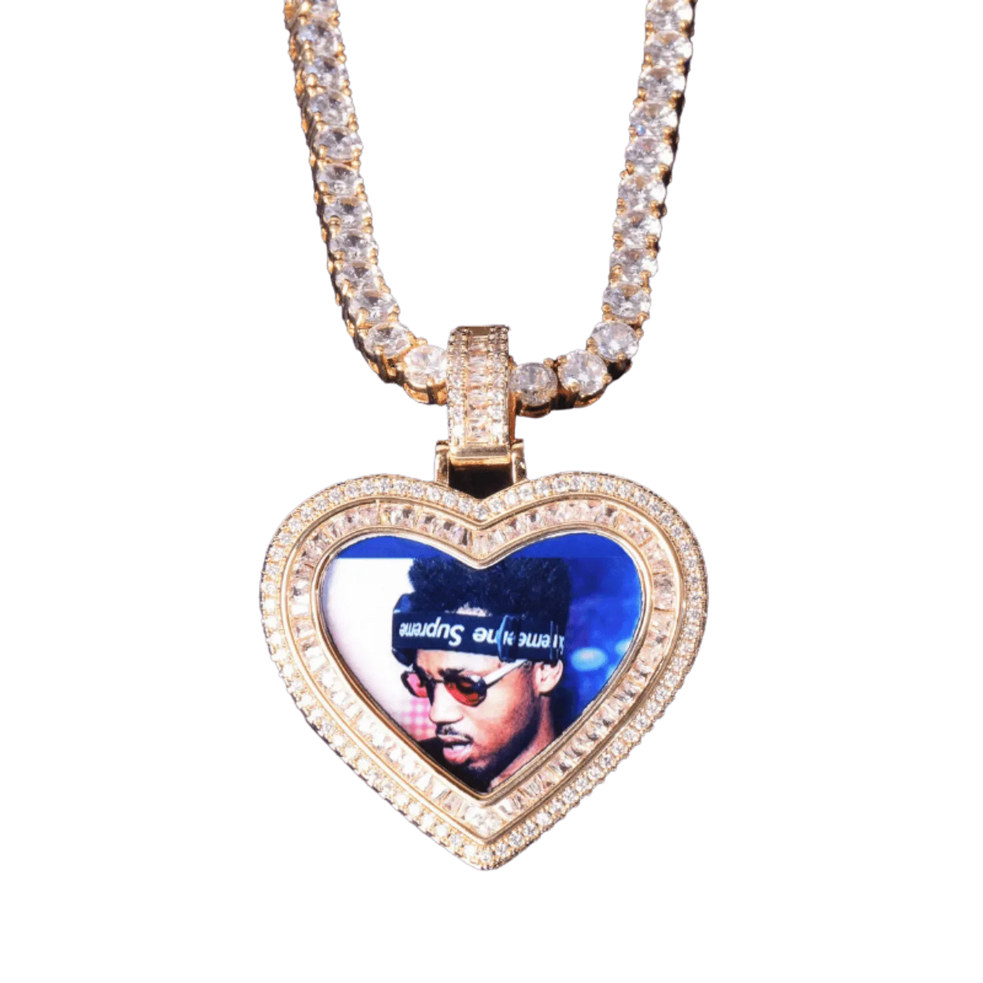 Heart Baguette Custom Photo Pendant Necklace – Iced Out Hip Hop Picture Jewelry for Men and Women - CaratixJewelry