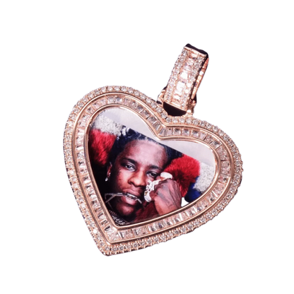 Heart Baguette Custom Photo Pendant Necklace – Iced Out Hip Hop Picture Jewelry for Men and Women - CaratixJewelry