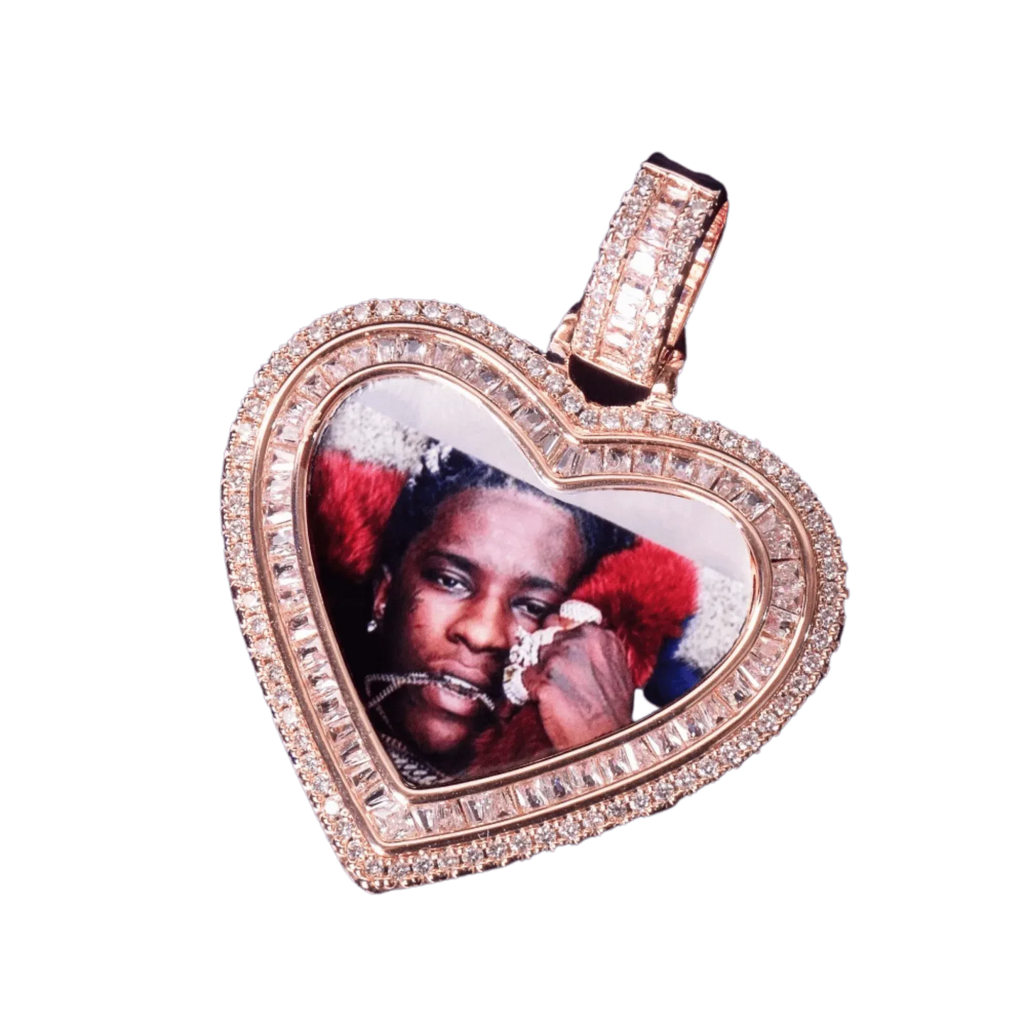 Heart Baguette Custom Photo Pendant Necklace – Iced Out Hip Hop Picture Jewelry for Men and Women - CaratixJewelry