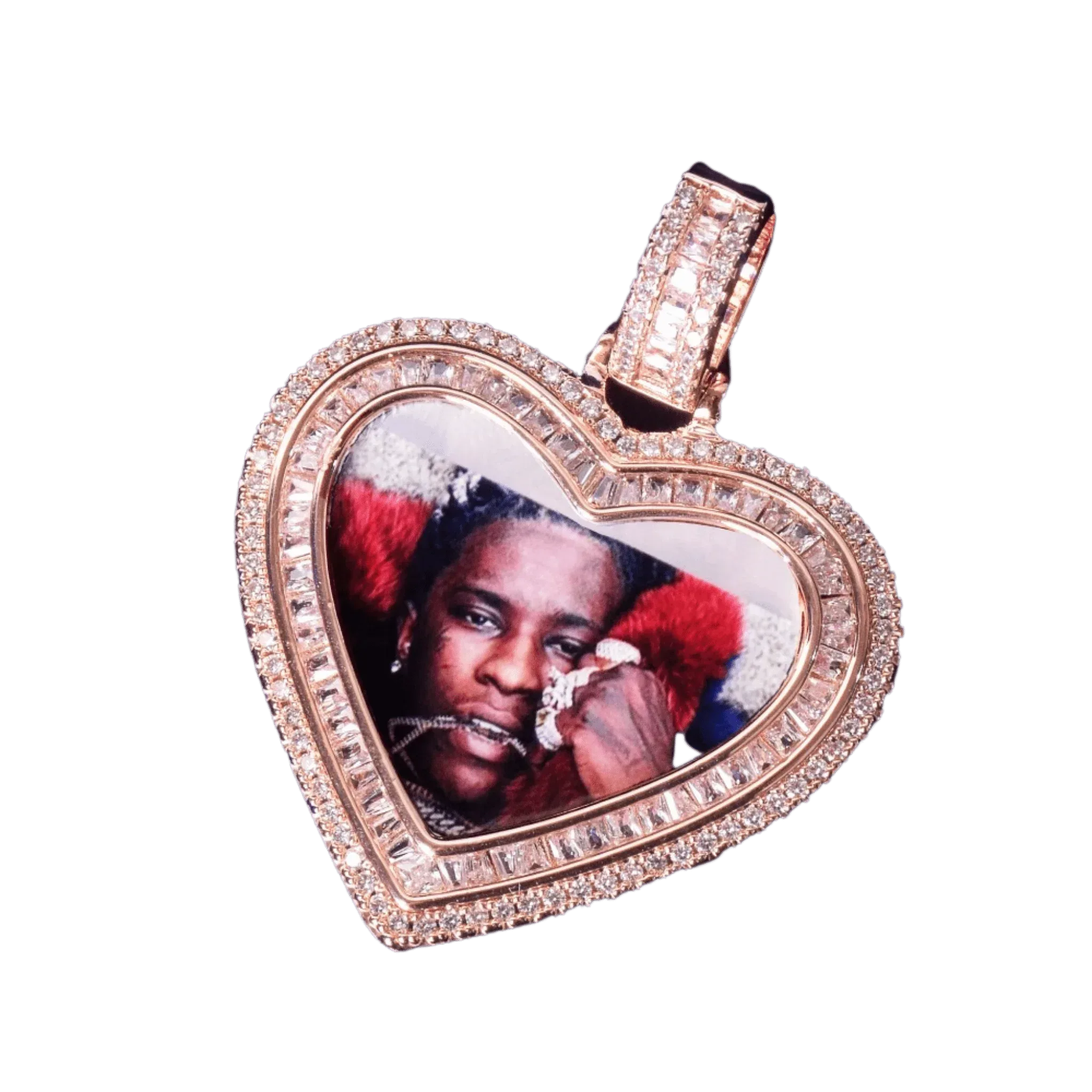Heart Baguette Custom Photo Pendant Necklace – Iced Out Hip Hop Picture Jewelry for Men and Women - CaratixJewelry