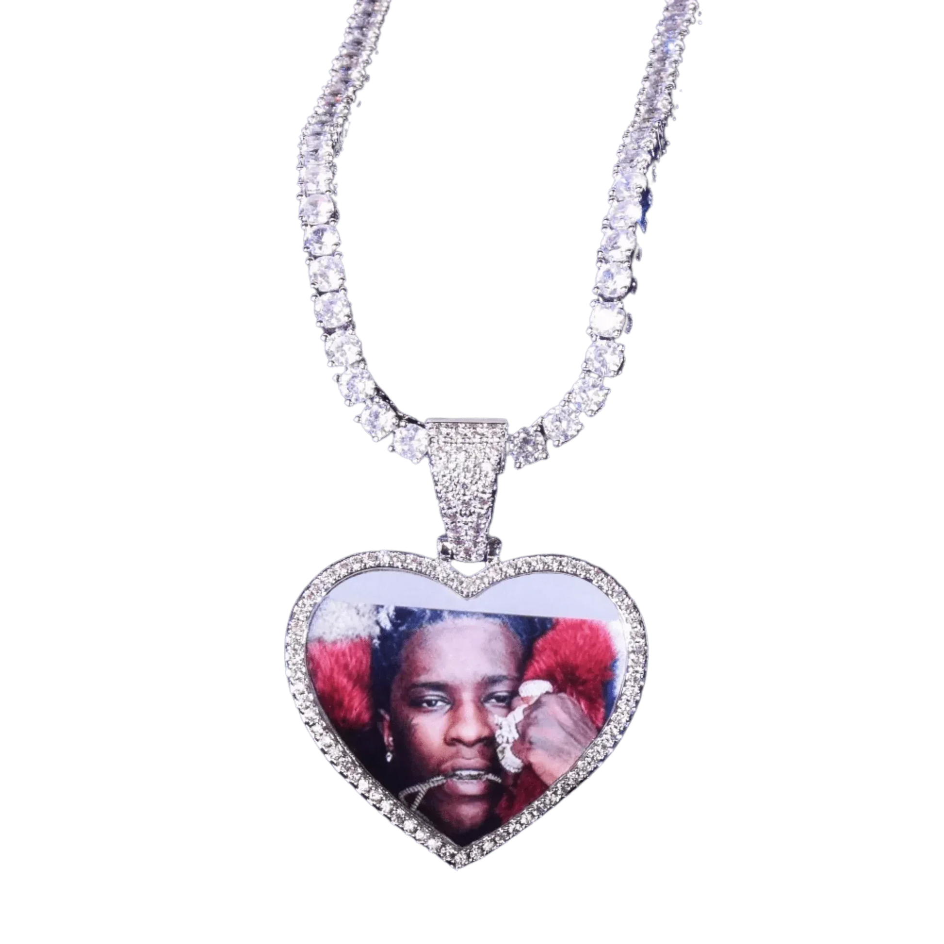 Heart Tennis Bail Solid Back Custom Photo Pendant Necklace – Iced Out Hip Hop Jewelry - CaratixJewelry
