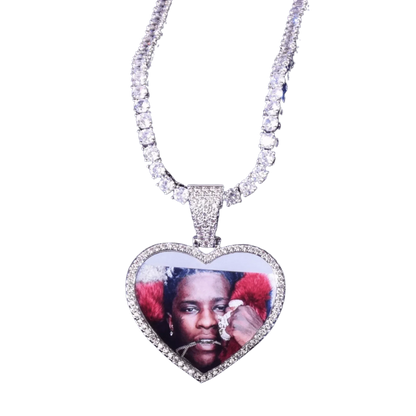 Heart Tennis Bail Solid Back Custom Photo Pendant Necklace – Iced Out Hip Hop Jewelry - CaratixJewelry