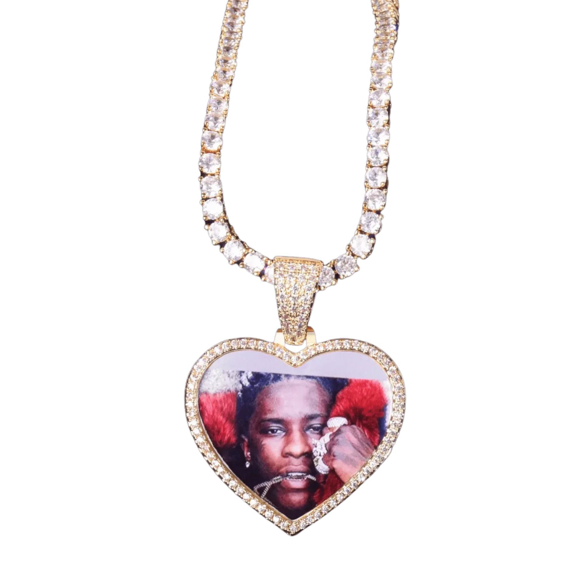 Heart Tennis Bail Solid Back Custom Photo Pendant Necklace – Iced Out Hip Hop Jewelry - CaratixJewelry