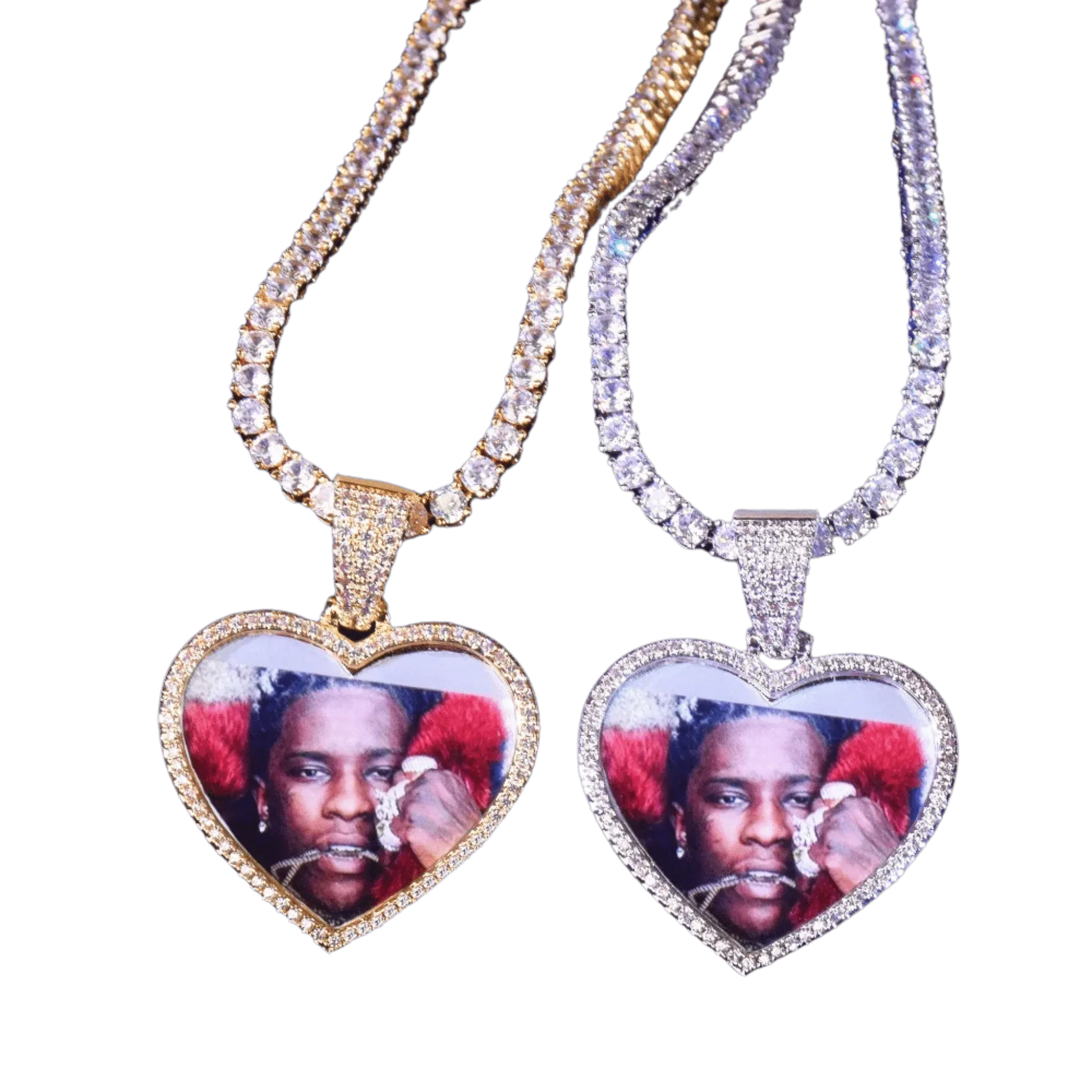 Heart Tennis Bail Solid Back Custom Photo Pendant Necklace – Iced Out Hip Hop Jewelry - CaratixJewelry