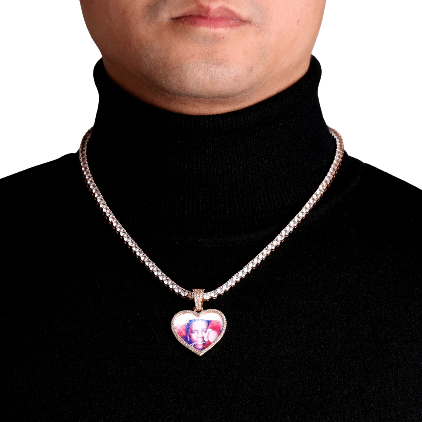 Heart Tennis Bail Solid Back Custom Photo Pendant Necklace – Iced Out Hip Hop Jewelry - CaratixJewelry