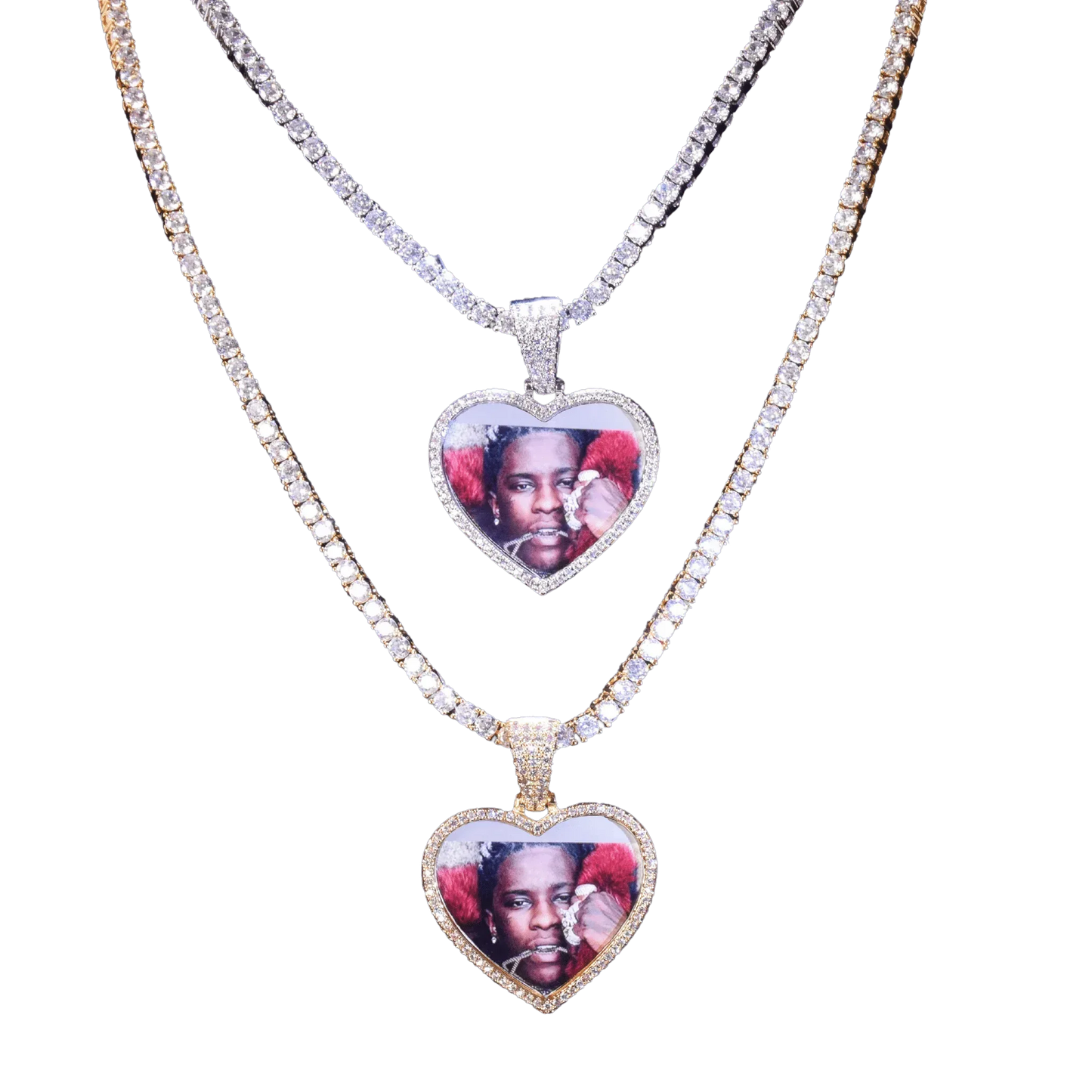 Heart Tennis Bail Solid Back Custom Photo Pendant Necklace – Iced Out Hip Hop Jewelry - CaratixJewelry