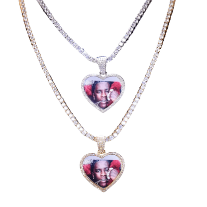 Heart Tennis Bail Solid Back Custom Photo Pendant Necklace – Iced Out Hip Hop Jewelry - CaratixJewelry