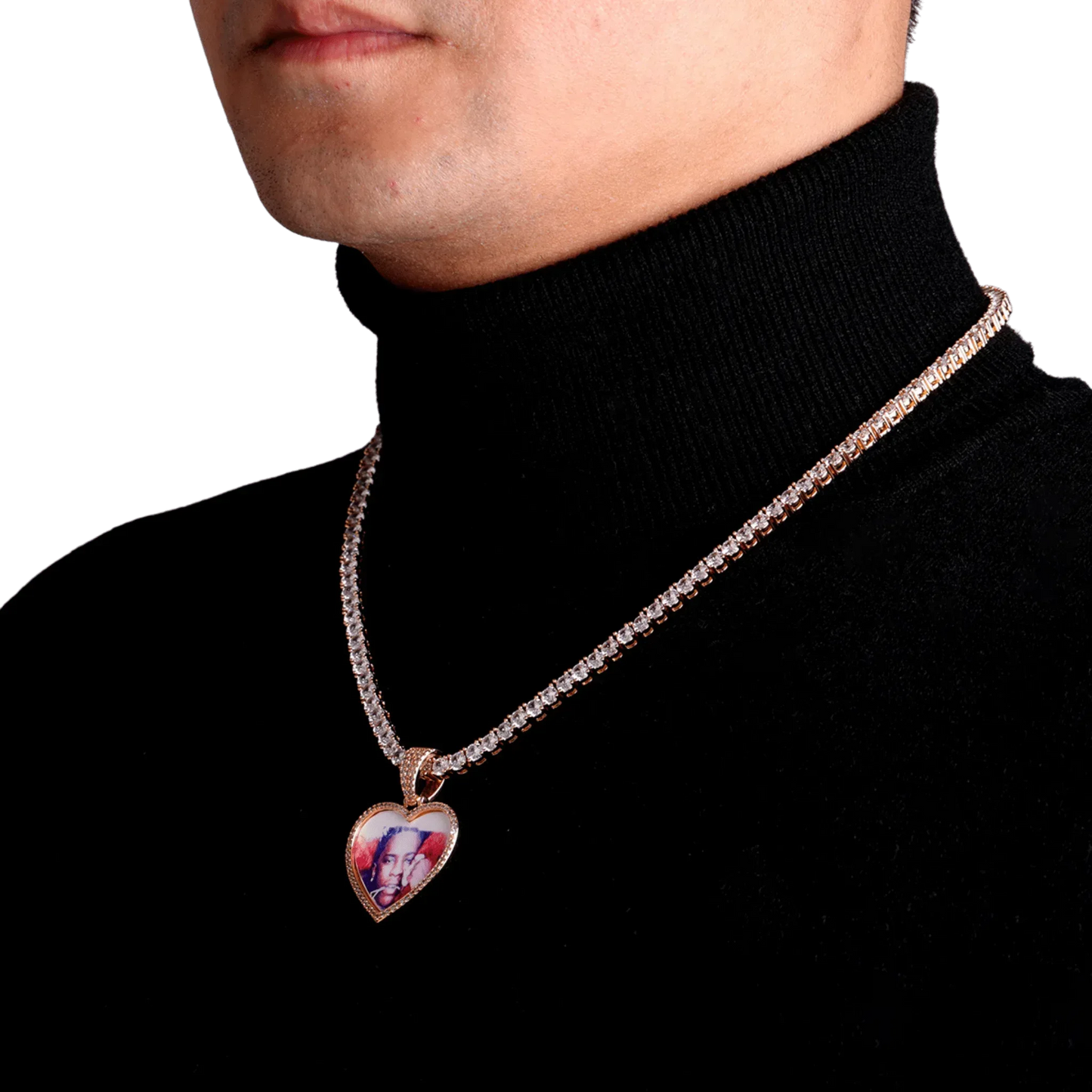Heart Tennis Bail Solid Back Custom Photo Pendant Necklace – Iced Out Hip Hop Jewelry - CaratixJewelry