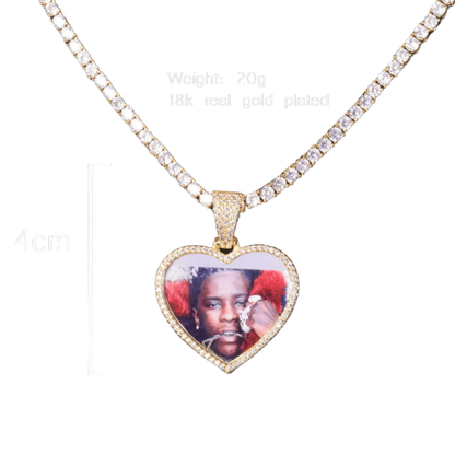Heart Tennis Bail Solid Back Custom Photo Pendant Necklace – Iced Out Hip Hop Jewelry - CaratixJewelry