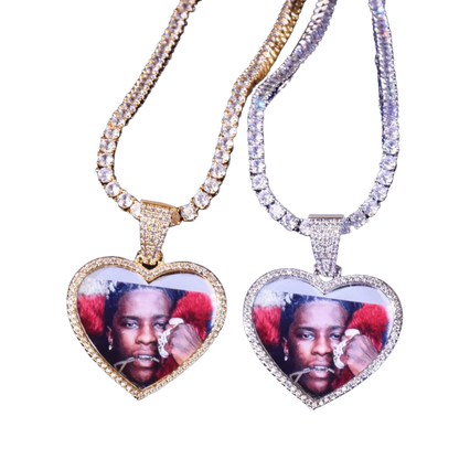 Heart Tennis Bail Solid Back Custom Photo Pendant Necklace – Iced Out Hip Hop Jewelry - CaratixJewelry