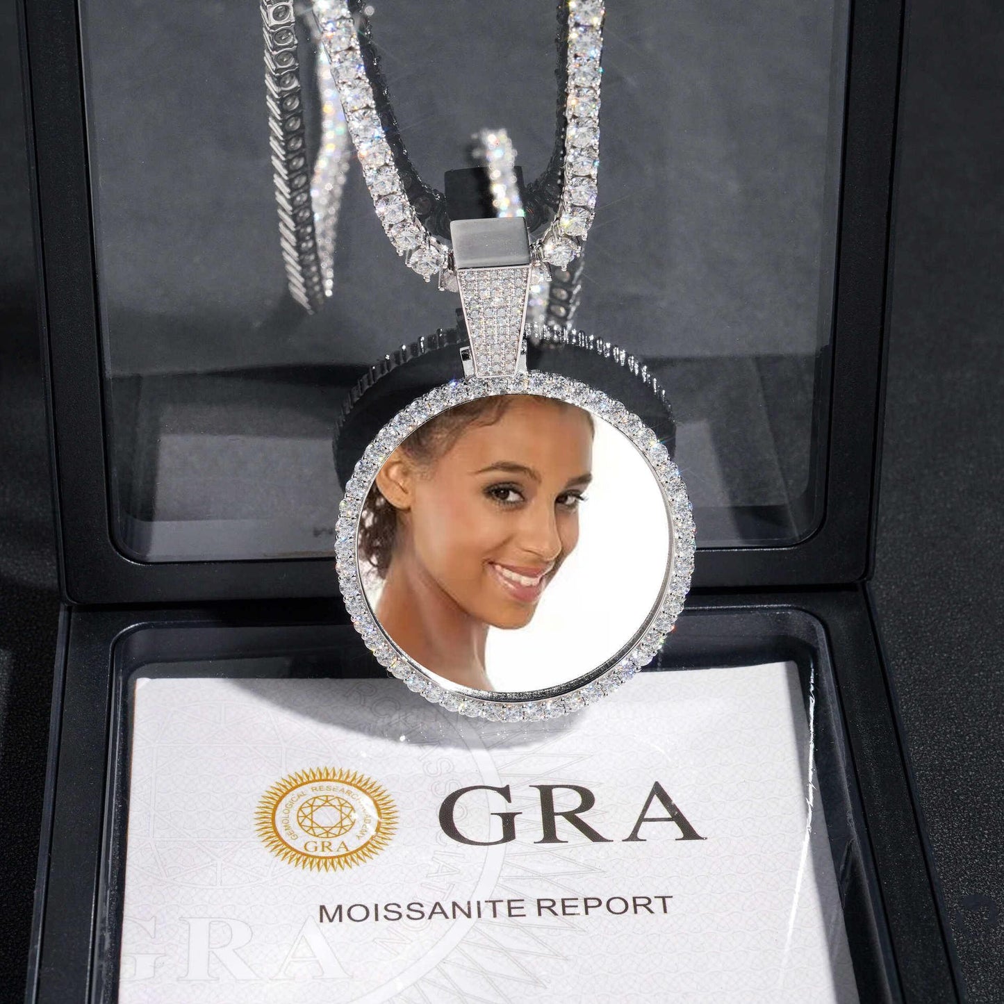 Hip-Hop 40MM Round Photo Frame Pendant – S925 Silver Moissanite, Trendy Men’s Jewelry - CaratixJewelry