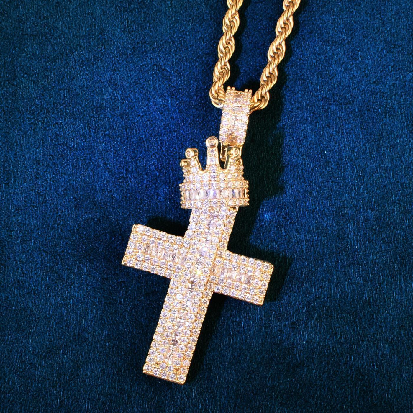 Hip Hop Crown Cross Pendant Necklace | Iced Out Zircon Copper Jewelry - CaratixJewelry