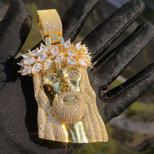 Hip Hop Jesus Head Pendant Necklace Iced Out Zircon Halo Design - CaratixJewelry