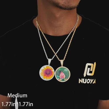 Hip Hop Jewelry Bling CZ Memorial Picture Frames Necklace Personalization Photo Custom 26/35/45/68.5MM Circle Medallions Pendant - CaratixJewelry