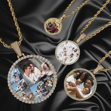Hip Hop Jewelry Bling CZ Memorial Picture Frames Necklace Personalization Photo Custom 26/35/45/68.5MM Circle Medallions Pendant - CaratixJewelry