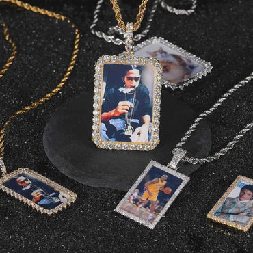Hip Hop Jewelry Custom Iced Out CZ Rectangle Photo Pendant for Men Women Picture Necklace Gift for Him/Her - CaratixJewelry