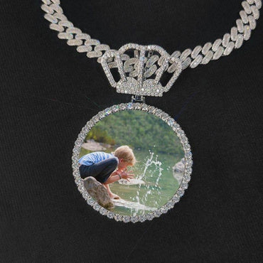 Hip Hop Jewelry New Arrival Crown Hook Custom Photo Pendant Memory Gift 70MM Big Round Custom Picture Pendant Necklace - CaratixJewelry