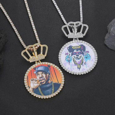 Hip Hop Jewelry New Arrival Crown Hook Custom Photo Pendant Memory Gift 70MM Big Round Custom Picture Pendant Necklace - CaratixJewelry
