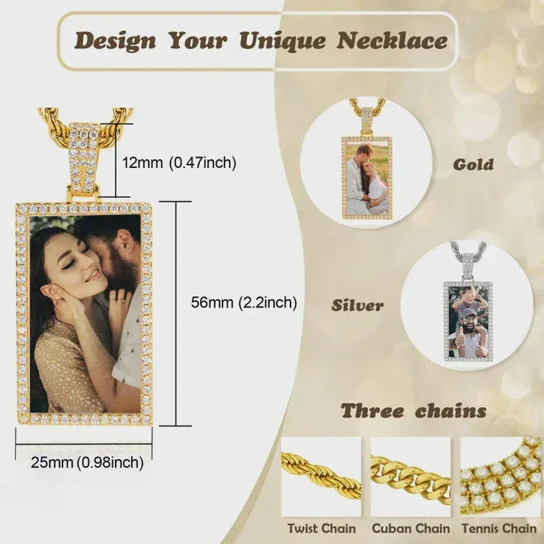Hip Hop Jewelry Rectangle Picture Pendant for Men Women Photo Necklace Custom Jewelry Valentines Day Gifts - CaratixJewelry
