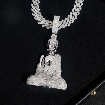 Iced-Out Buddha Pendant – D Color Moissanite Full Pave 925 Sterling Silver Hip Hop Jewelry - CaratixJewelry