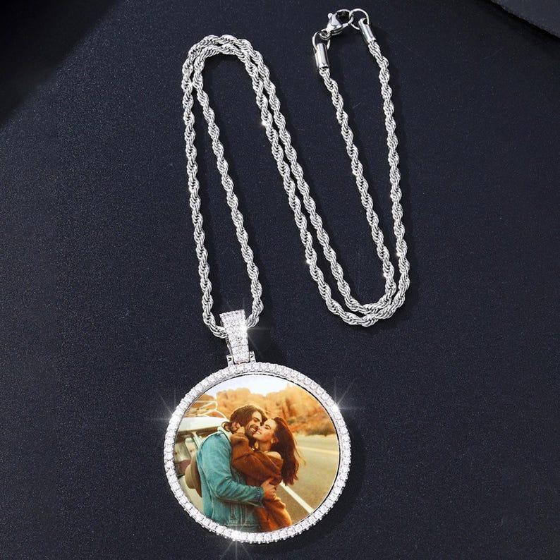 Custom Photo Large Circle Bling Necklace | Personalized Round Photo Pendant | Caratix - CaratixJewelry