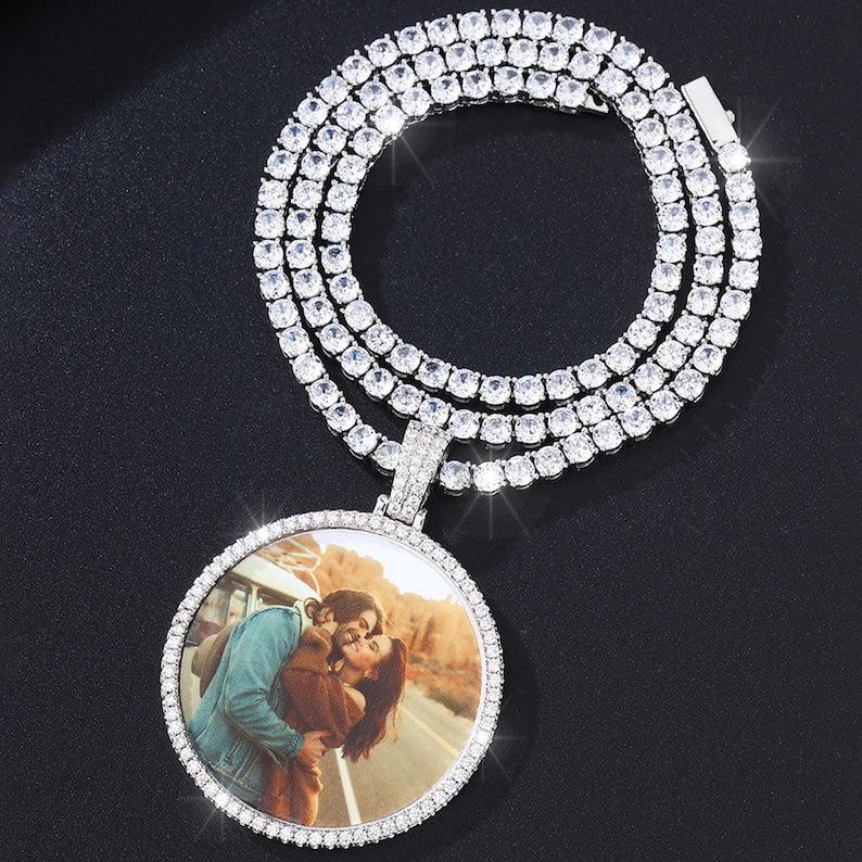 Custom Photo Large Circle Bling Necklace | Personalized Round Photo Pendant | Caratix - CaratixJewelry
