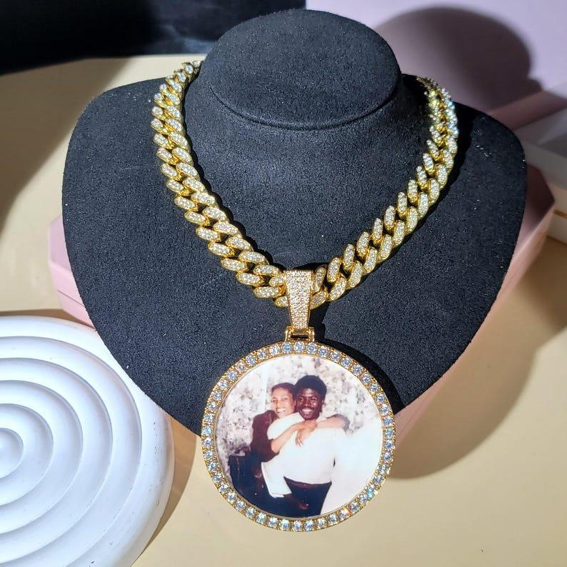 Customized Oversize Photo Pendant Necklace: Iced Out Cuban Chain, Engraved Memory Gift - CaratixJewelry