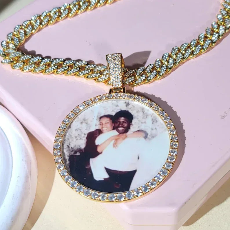 Customized Oversize Photo Pendant Necklace: Iced Out Cuban Chain, Engraved Memory Gift - CaratixJewelry
