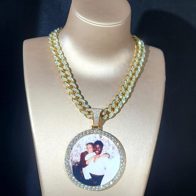 Customized Oversize Photo Pendant Necklace: Iced Out Cuban Chain, Engraved Memory Gift - CaratixJewelry