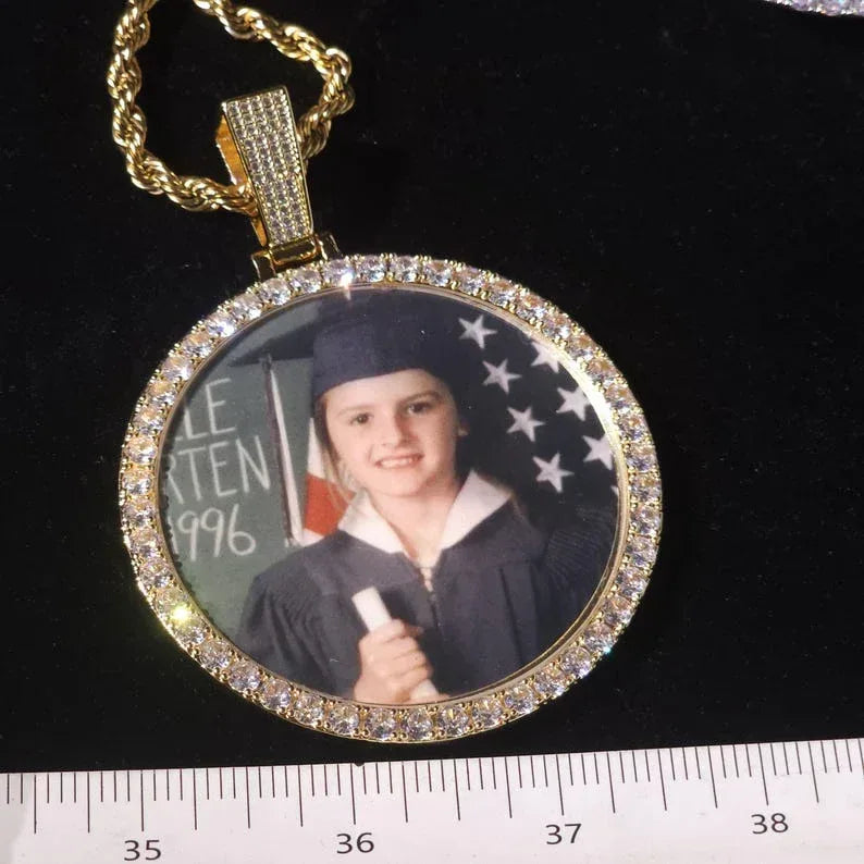 Iced Out Large Round Custom Photo Necklace | DIY Memory Picture Chain | Caratix - CaratixJewelry