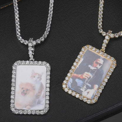 Hip Hop Jewelry Custom Iced Out CZ Rectangle Photo Pendant for Men Women Picture Necklace Gift for Him/Her