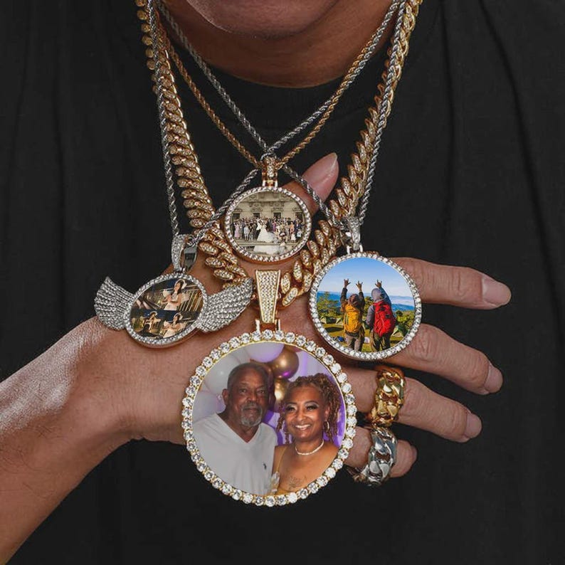 HHIOK Customized Necklaces Circle Chain Picture Personalized Diamond Memory Pendant with Photo Wing Design Gift for Men Women