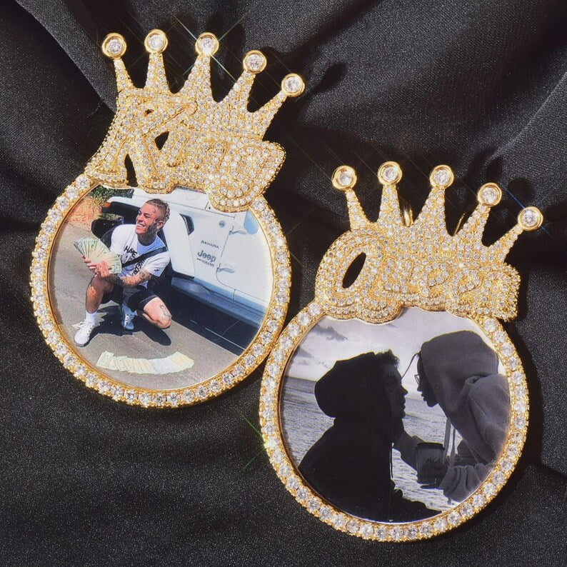 CUC King Crown Bail Memory Picture Pendant Hip Hop Jewelry Iced Out AAA Zircon Custom Circle Frame Necklace For Men Women