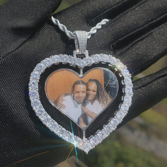 Custom Big Rotate Heart Photo Pendant For Men Women Ice Zircon Make Memory Picture Necklace Chain Hip Hop Jewelry