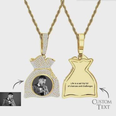 Custom Iced Out Bling Memory Photo Jewelry Money Bag Personalized Medallions Picture Necklace Hip Hop Pendant