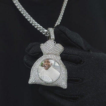 Custom Iced Out Bling Memory Photo Jewelry Money Bag Personalized Medallions Picture Necklace Hip Hop Pendant - CaratixJewelry