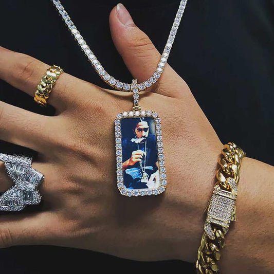 Custom Picture Necklace for Men Personalized Medallions Rectangle Photo Pendant Solid Back Zircon Hip Hop Jewelry