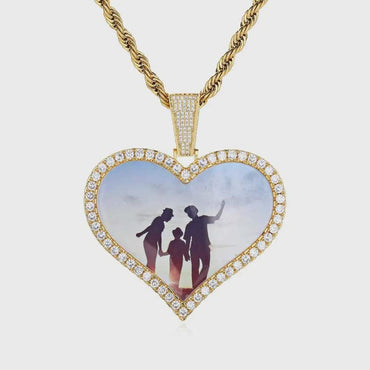 66mm Personalized Custom Big Heart Photo Pendants Bling Diamond Memarial Picture Necklaces Women Men Hip Hop Jewelry Gift