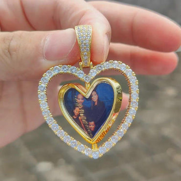 Two-Sided Heart Picture Pendant Necklace Jewelry For Men Hip Hop Custom Iced Out Photo Spinning Pendant Women Drop Shipping - CaratixJewelry