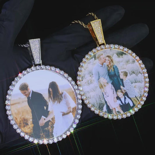 Big Circle Photo Medallions Chain Pendant Iced Out Men Hip Hop Memory Picture Pendant Jewelry Christmas Gift