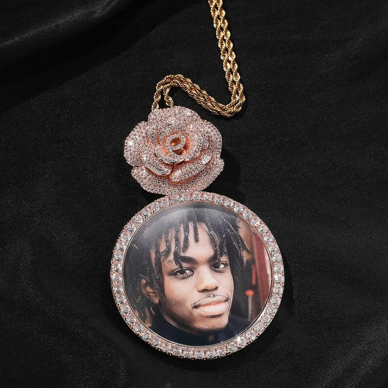 6.8CM Large Round Custom Photo Pendant Necklace For Women Men Micro Paved CZ Rose Bail DIY Picture Memory Jewelry