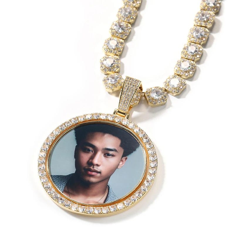 Large Rotating Custom Round Photo Pendant Necklace For Men Pet Medal Memory DIY Double Picture Hip Hop Jewelry