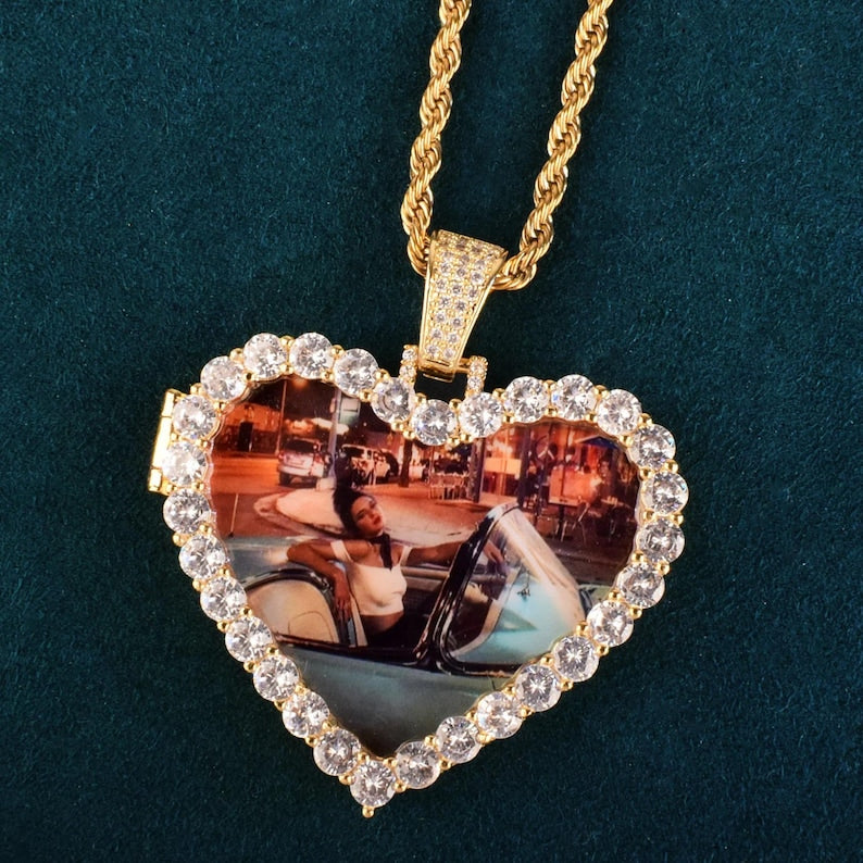 Heart Love Shape Photo Custom Pendant Make Memory Picture Hip Hop Necklace Chain for Men Women Jewelry