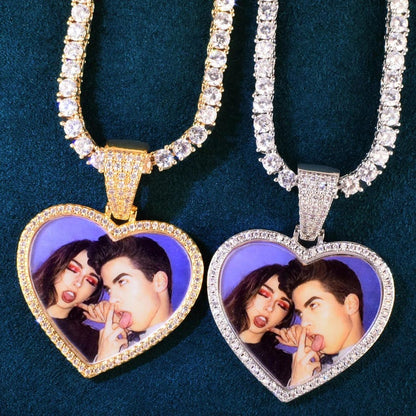 Custom Heart Love Shape Photo Necklace Chain Make Medallions Pendant Solid Back One Row Zircon for Men Women Hip Hop Jewelry