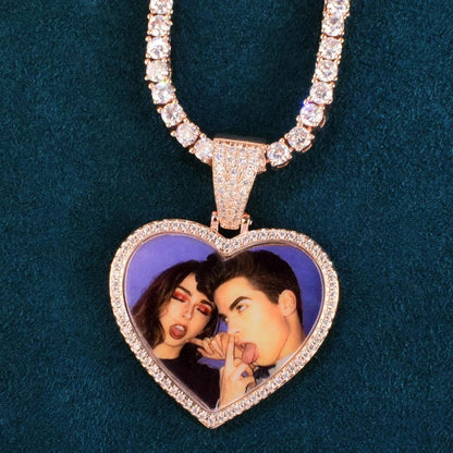 Custom Heart Love Shape Photo Necklace Chain Make Medallions Pendant Solid Back One Row Zircon for Men Women Hip Hop Jewelry