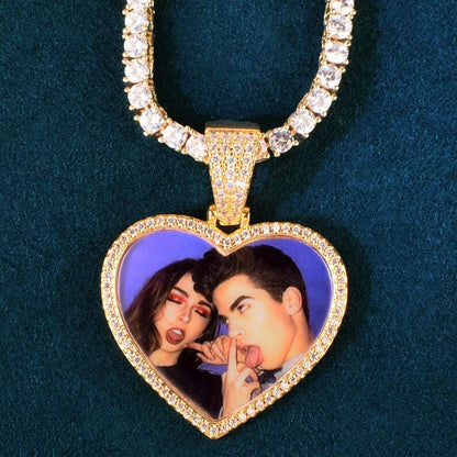 Custom Heart Love Shape Photo Necklace Chain Make Medallions Pendant Solid Back One Row Zircon for Men Women Hip Hop Jewelry