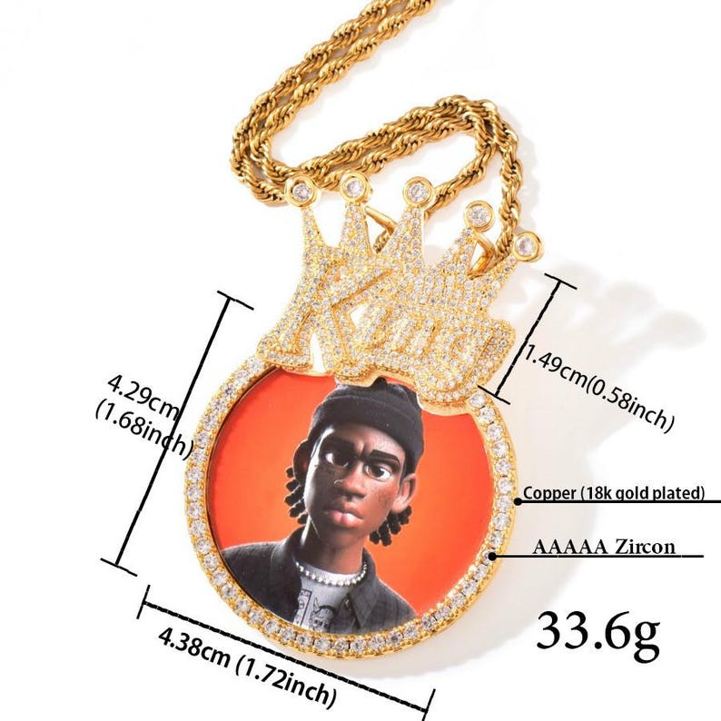 Personalized Crown Round Photo Pendant Necklace, Custom Hip Hop Picture Chain, Iced Out Copper Zircon Memory Jewelry for Men and Women