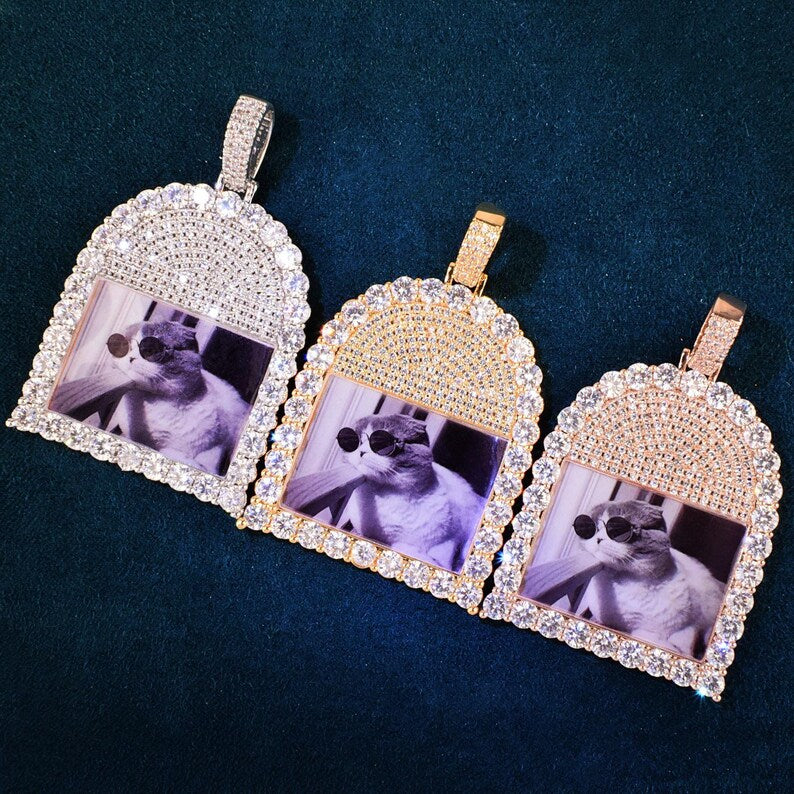 Personalized Solid Photo Pendant Necklace, Custom Hip Hop Iced Out Copper Zircon DIY Picture Jewelry for Men and Women