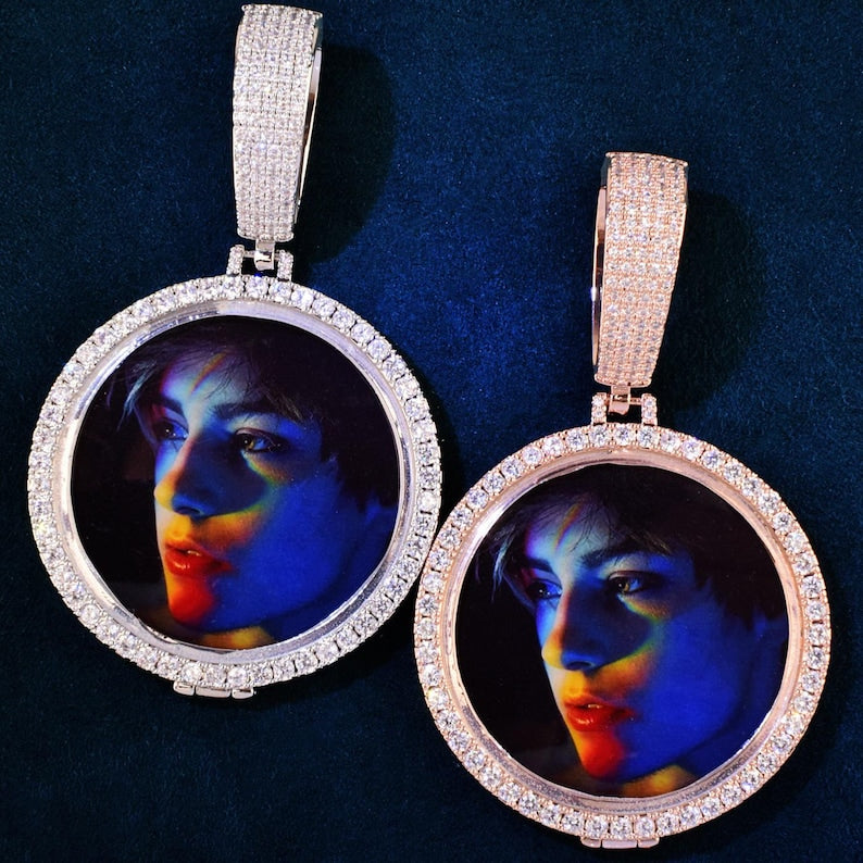 Personalized Big Round Button Photo Pendant Necklace – Custom Iced Out Copper Zircon Hip Hop Jewelry for Men & Women