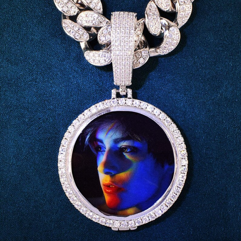 Personalized Big Round Button Photo Pendant Necklace – Custom Iced Out Copper Zircon Hip Hop Jewelry for Men & Women